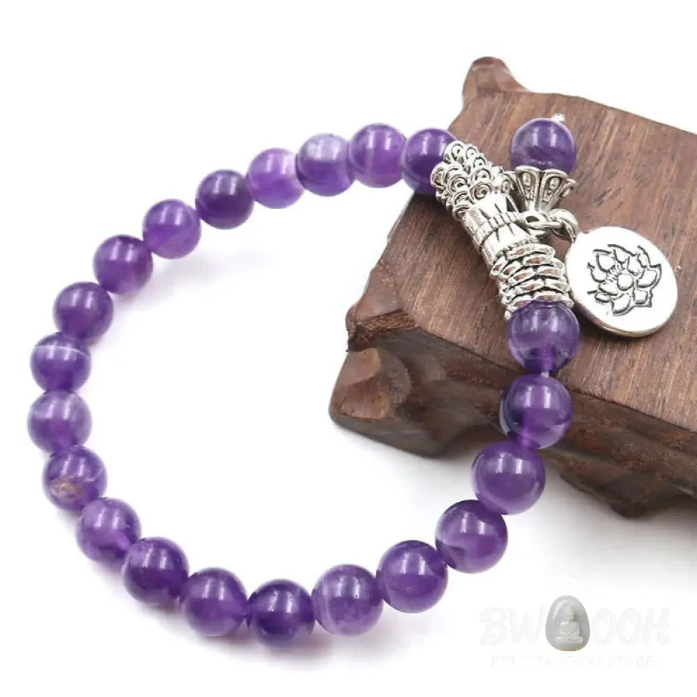 Buddha Stones Amethyst Crystal Lotus Healing Balance Bracelet - Amethyst - Bracelet