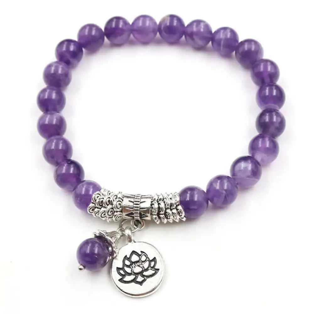 Buddha Stones Amethyst Crystal Lotus Healing Balance Bracelet - Amethyst - Bracelet