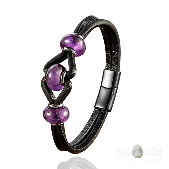 Buddha Stones Amethyst Crystal Stone Double Leather Relieves Stress Round Bracelet - Bracelet