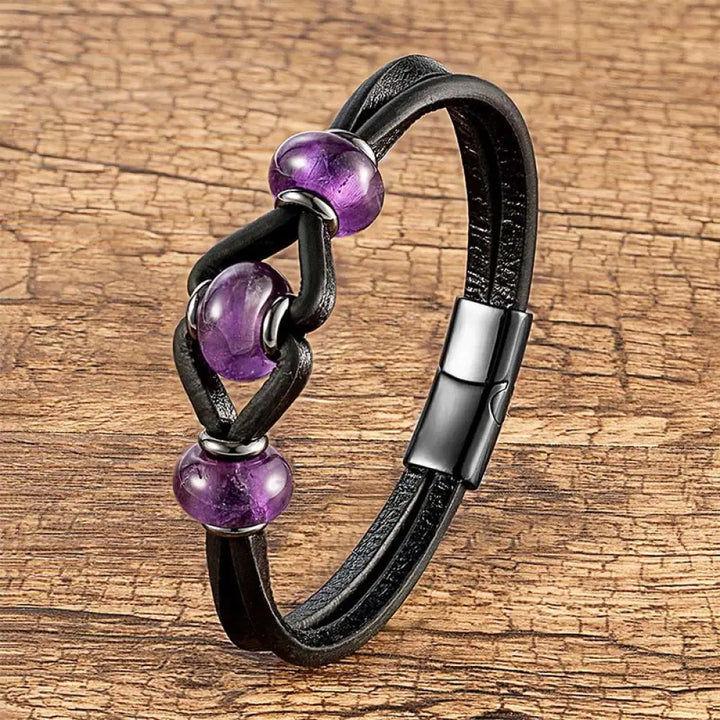Buddha Stones Amethyst Crystal Stone Double Leather Relieves Stress Round Bracelet - Amethyst / 16-18cm - Bracelet