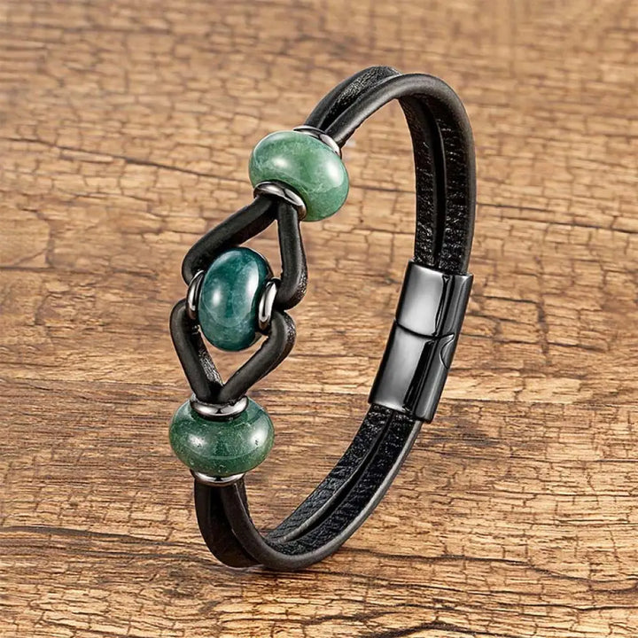 Buddha Stones Amethyst Crystal Stone Double Leather Relieves Stress Round Bracelet - Moss Agate / 16-18cm - Bracelet