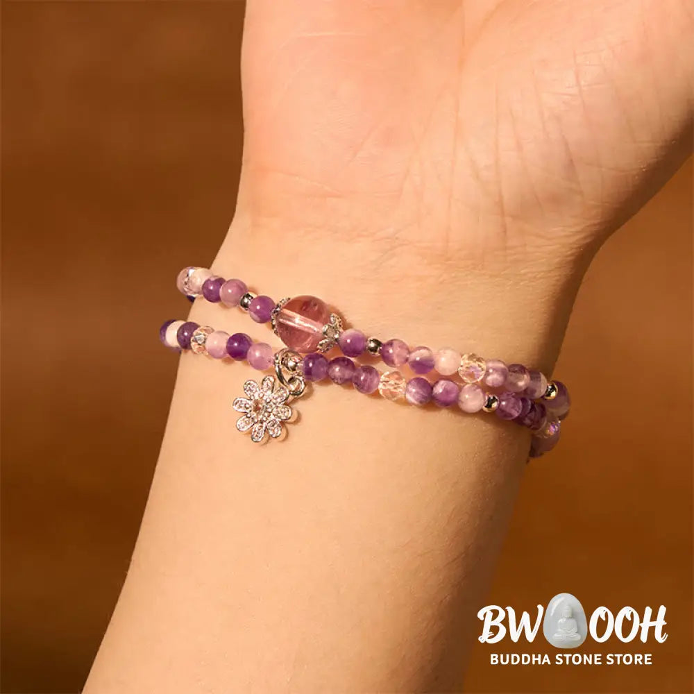 Buddha Stones Amethyst Crystal Sunflower Spiritual Awareness Double Wrap Bracelet - BWOOOH - Amethyst(Wrist