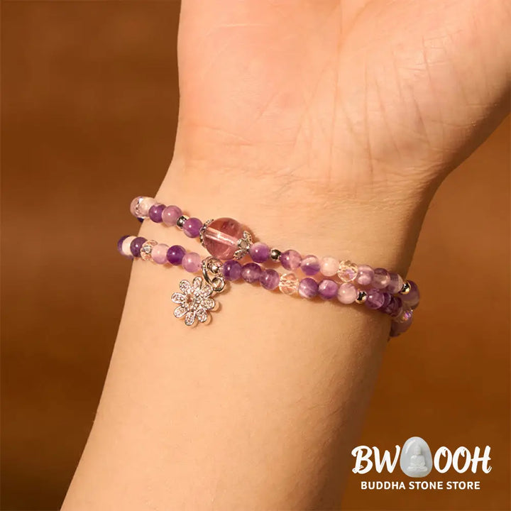 Buddha Stones Amethyst Crystal Sunflower Spiritual Awareness Double Wrap Bracelet - BWOOOH - Amethyst(Wrist