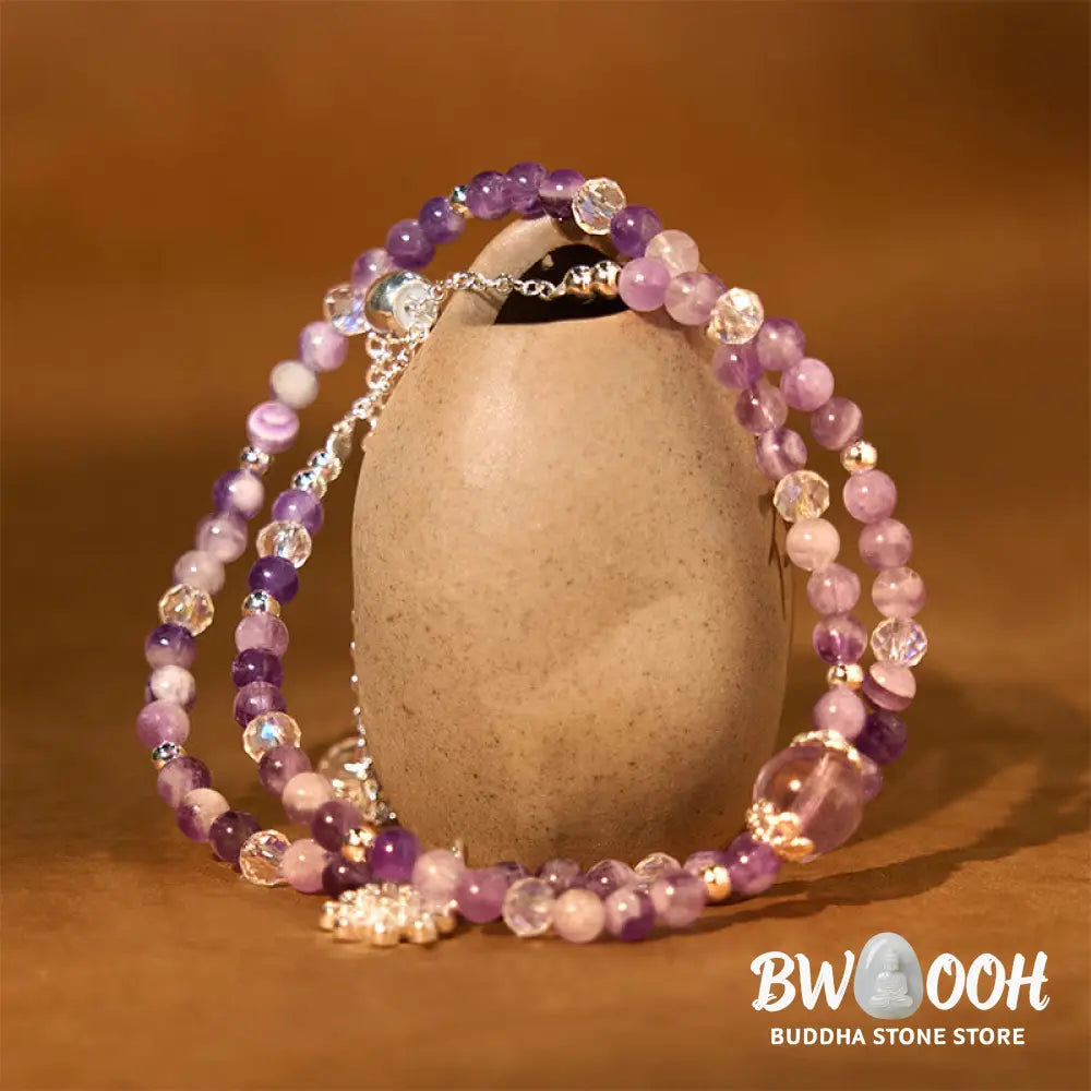 Buddha Stones Amethyst Crystal Sunflower Spiritual Awareness Double Wrap Bracelet - BWOOOH - Amethyst(Wrist