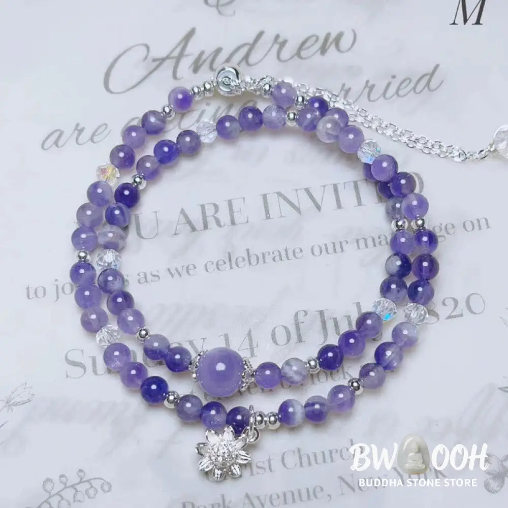 Buddha Stones Amethyst Crystal Sunflower Spiritual Awareness Double Wrap Bracelet - BWOOOH - Amethyst(Wrist