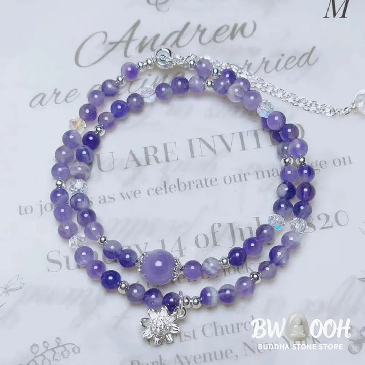Buddha Stones Amethyst Crystal Sunflower Spiritual Awareness Double Wrap Bracelet - BWOOOH - Amethyst(Wrist