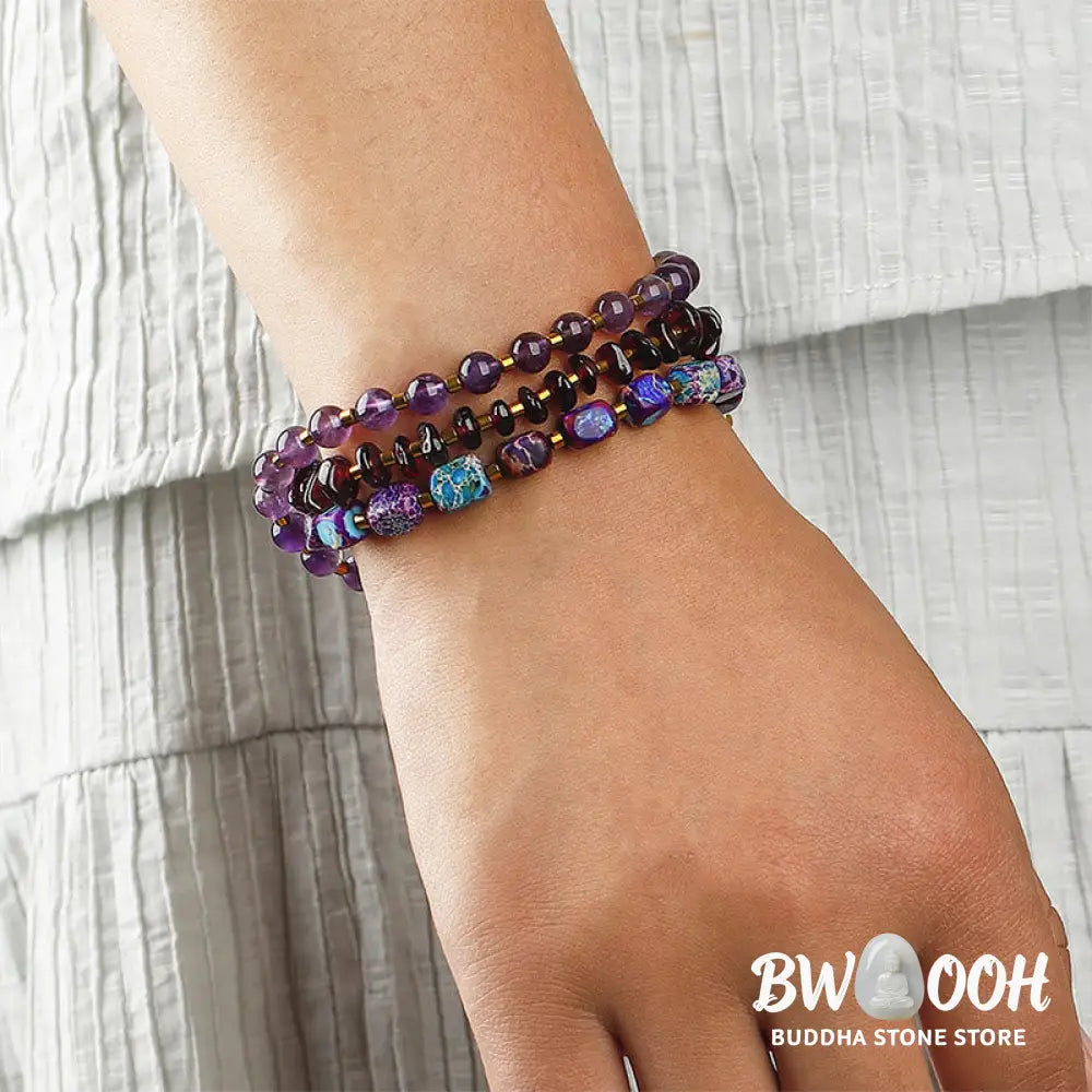 Buddha Stones Amethyst Garnet Emperor Stone Communication Triple Wrap Bracelet - BWOOOH - Amethyst Garnet Emperor