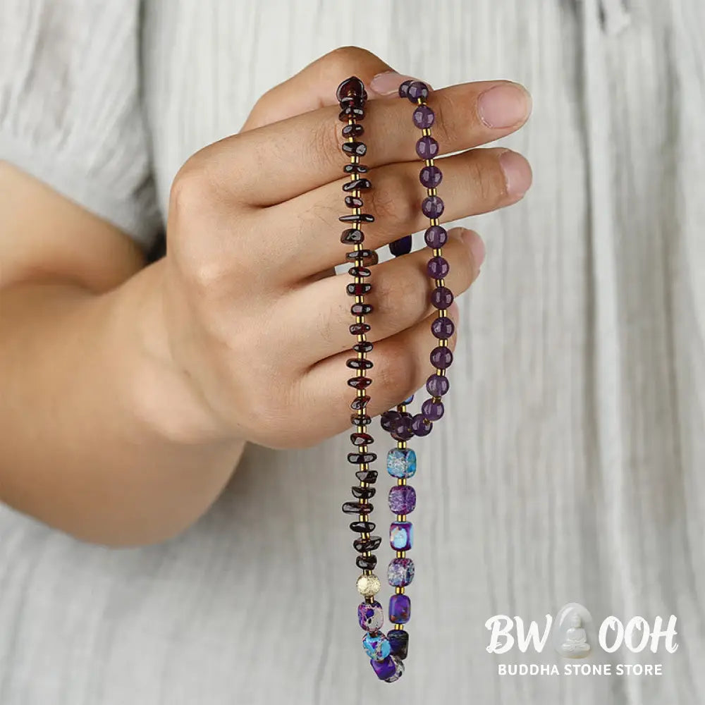 Buddha Stones Amethyst Garnet Emperor Stone Communication Triple Wrap Bracelet - BWOOOH - Amethyst Garnet Emperor