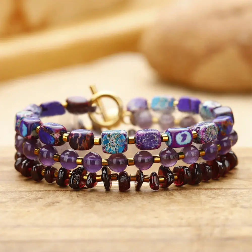 BWOOOH Amethyst Garnet Emperor Stone Communication Triple Wrap Bracelet - BWOOOH - Amethyst Garnet Emperor