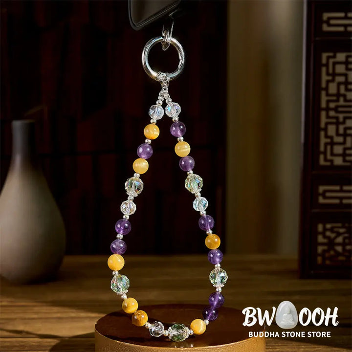 Buddha Stones Amethyst Golden Tiger Eye Beaded Balance Key Chain Phone Hanging Decoration - Amethyst(Relieves stress ♥