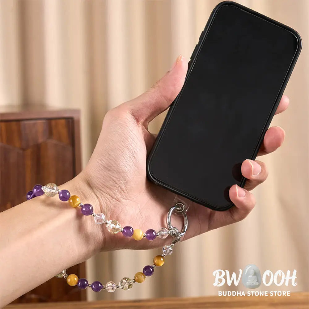 Buddha Stones Amethyst Golden Tiger Eye Beaded Balance Key Chain Phone Hanging Decoration - Amethyst(Relieves stress ♥