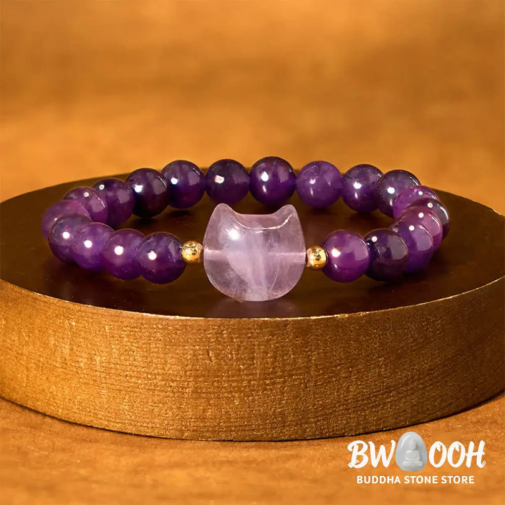 Buddha Stones Amethyst Green Aventurine Rose Quartz Fluorite Cat Head Balance Luck Bracelet - BWOOOH - Bracelet