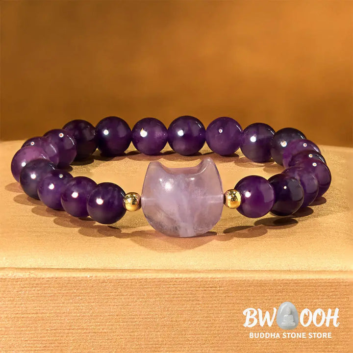 Buddha Stones Amethyst Green Aventurine Rose Quartz Fluorite Cat Head Balance Luck Bracelet - BWOOOH - Bracelet