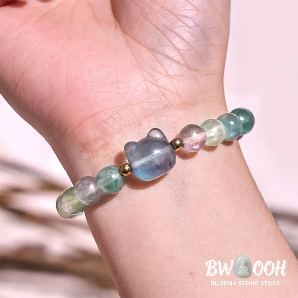 Buddha Stones Amethyst Green Aventurine Rose Quartz Fluorite Cat Head Balance Luck Bracelet - BWOOOH - Bracelet