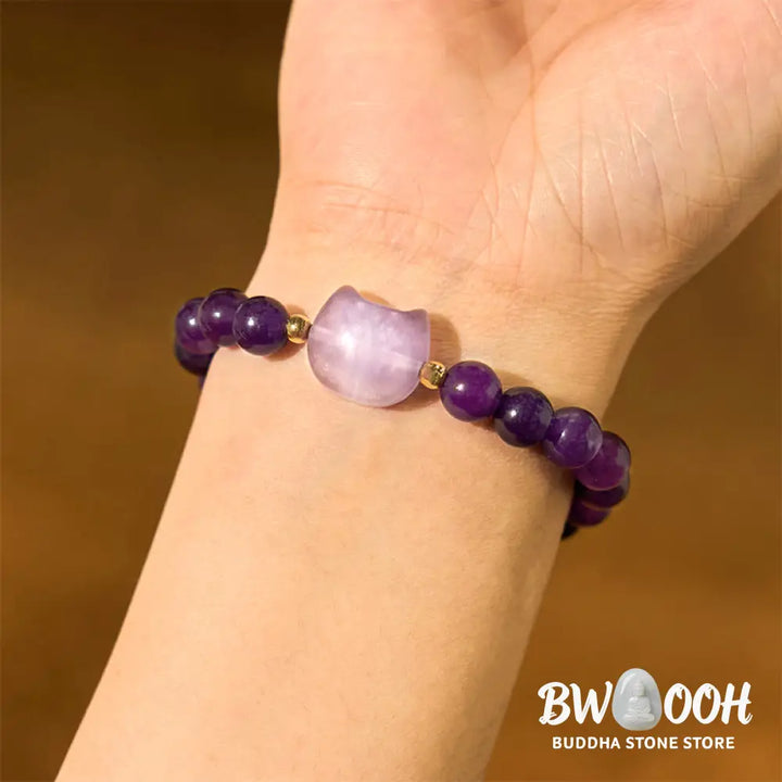 Buddha Stones Amethyst Green Aventurine Rose Quartz Fluorite Cat Head Balance Luck Bracelet - BWOOOH - Bracelet