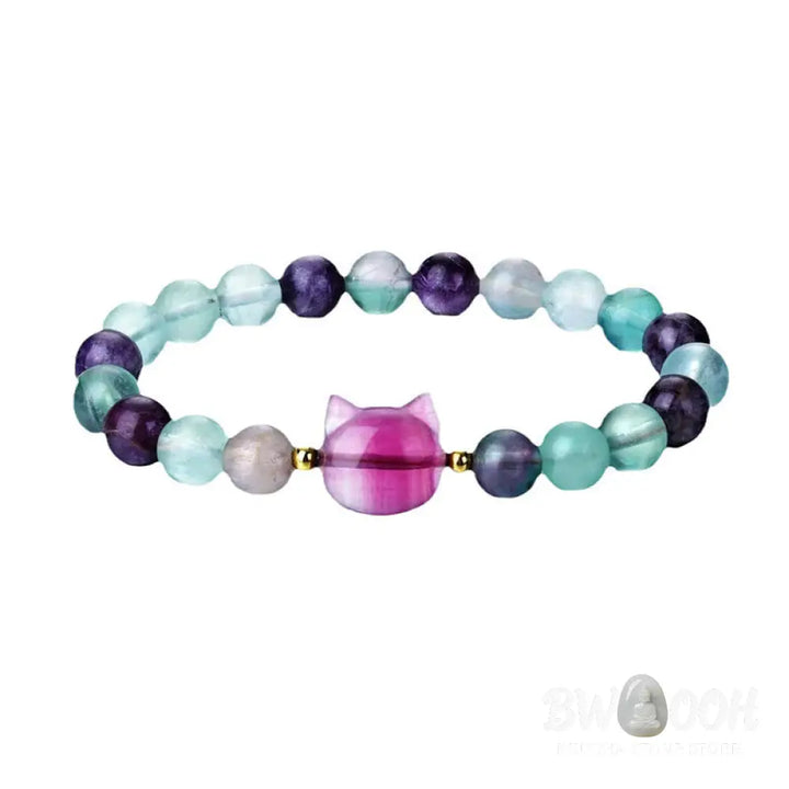 Buddha Stones Amethyst Green Aventurine Rose Quartz Fluorite Cat Head Balance Luck Bracelet - BWOOOH - Bracelet