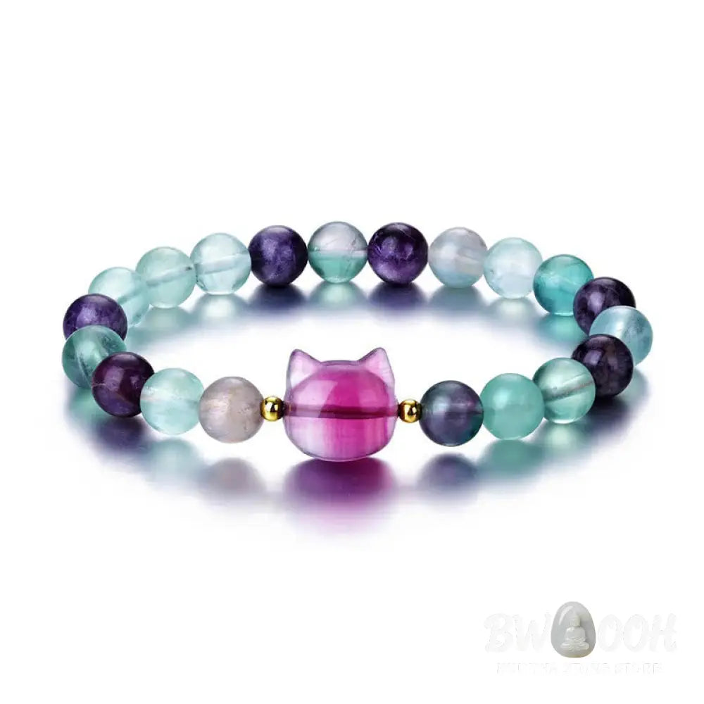 Buddha Stones Amethyst Green Aventurine Rose Quartz Fluorite Cat Head Balance Luck Bracelet - BWOOOH - Bracelet