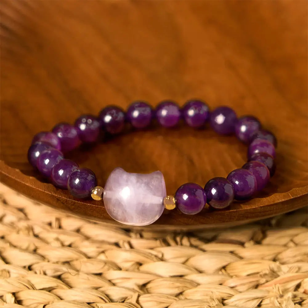 BWOOOH Amethyst Green Aventurine Rose Quartz Fluorite Cat Head Balance Luck Bracelet - BWOOOH - Amethyst(Wrist