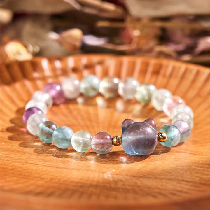 Buddha Stones Amethyst Green Aventurine Rose Quartz Fluorite Cat Head Balance Luck Bracelet - BWOOOH - Fluorite(Wrist