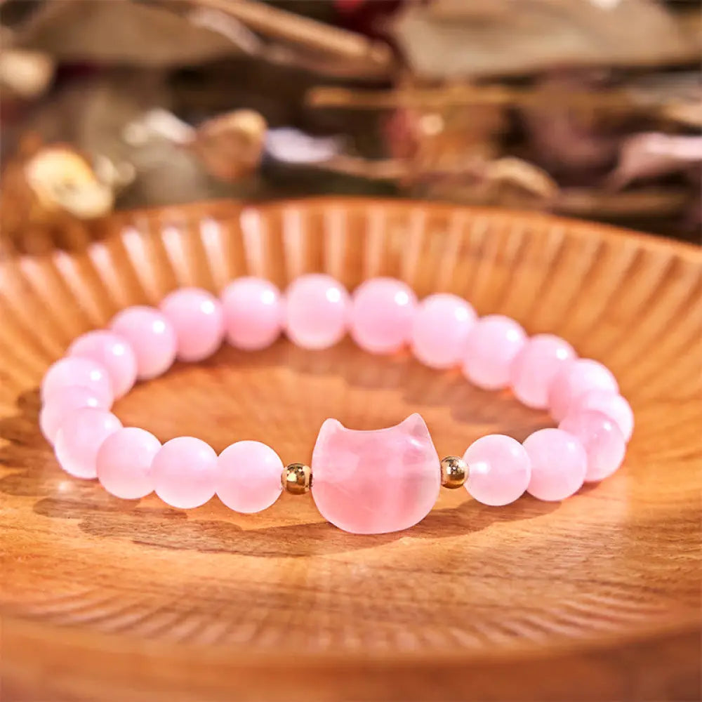 Buddha Stones Amethyst Green Aventurine Rose Quartz Fluorite Cat Head Balance Luck Bracelet - BWOOOH - Rose