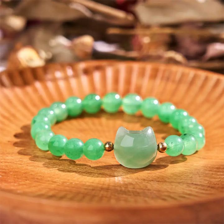 Buddha Stones Amethyst Green Aventurine Rose Quartz Fluorite Cat Head Balance Luck Bracelet - BWOOOH - Green