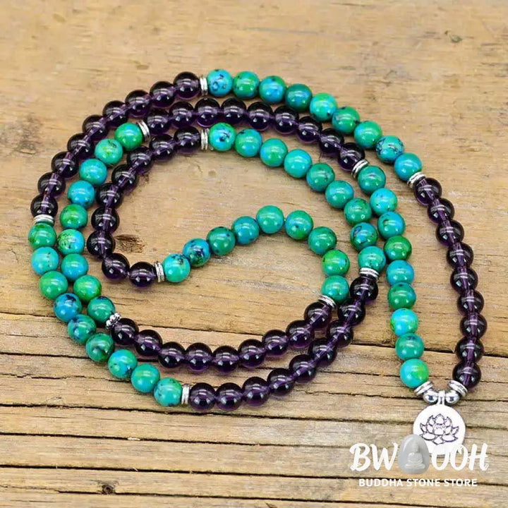 A BWOOOH Amethyst and Green Aventurine spiritual bracelet featuring a delicate silver-tone Lotus charm, handcrafted on an elastic string, showcasing vibrant purple and soothing green natural crystal beads for inner peace, stress relief, and emotional balance. - View 3