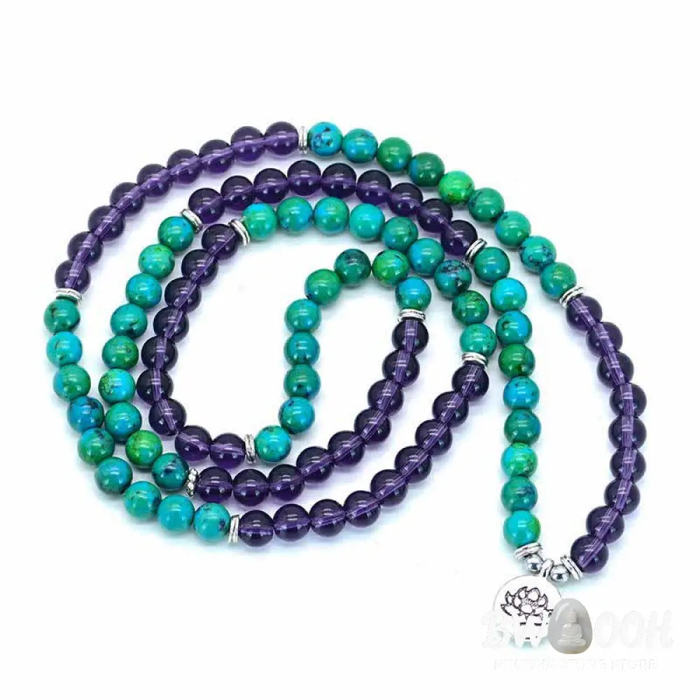 A BWOOOH Amethyst and Green Aventurine spiritual bracelet featuring a delicate silver-tone Lotus charm, handcrafted on an elastic string, showcasing vibrant purple and soothing green natural crystal beads for inner peace, stress relief, and emotional balance. - View 5