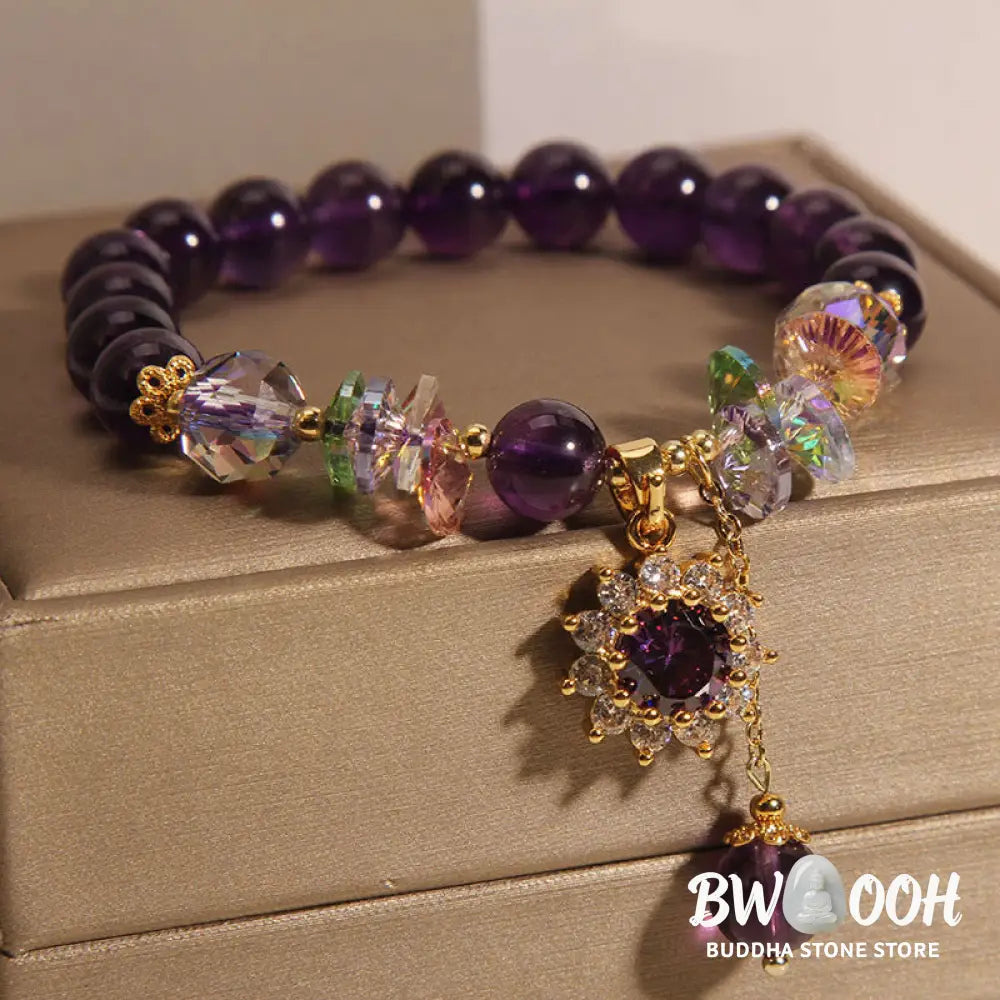 Buddha Stones Amethyst Green Crystal Citrine White Crystal Sunflower Spiritual Awareness Bracelet - BWOOOH