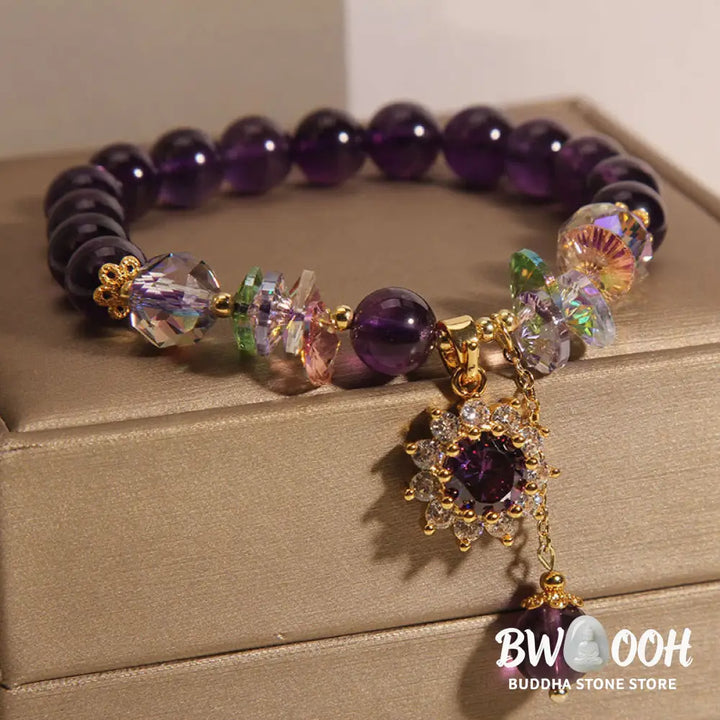 Buddha Stones Amethyst Green Crystal Citrine White Crystal Sunflower Spiritual Awareness Bracelet - BWOOOH