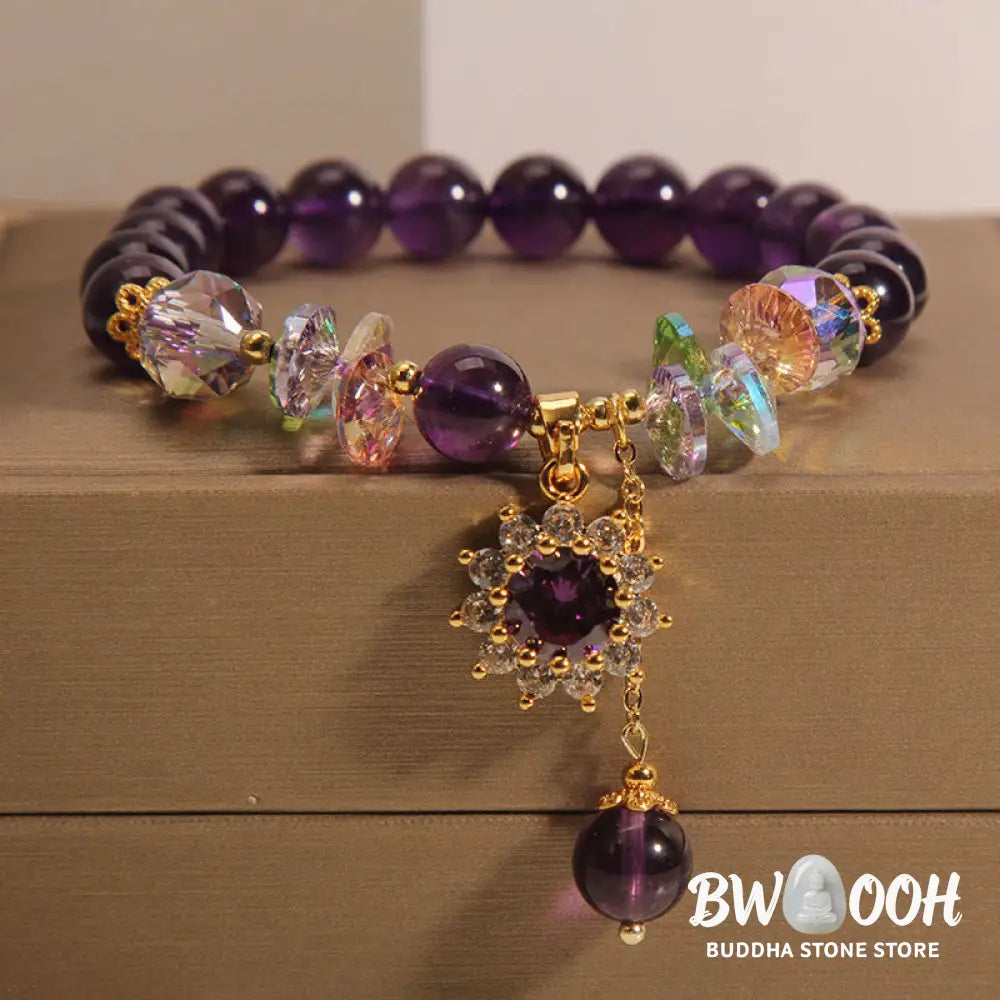 Buddha Stones Amethyst Green Crystal Citrine White Crystal Sunflower Spiritual Awareness Bracelet - BWOOOH