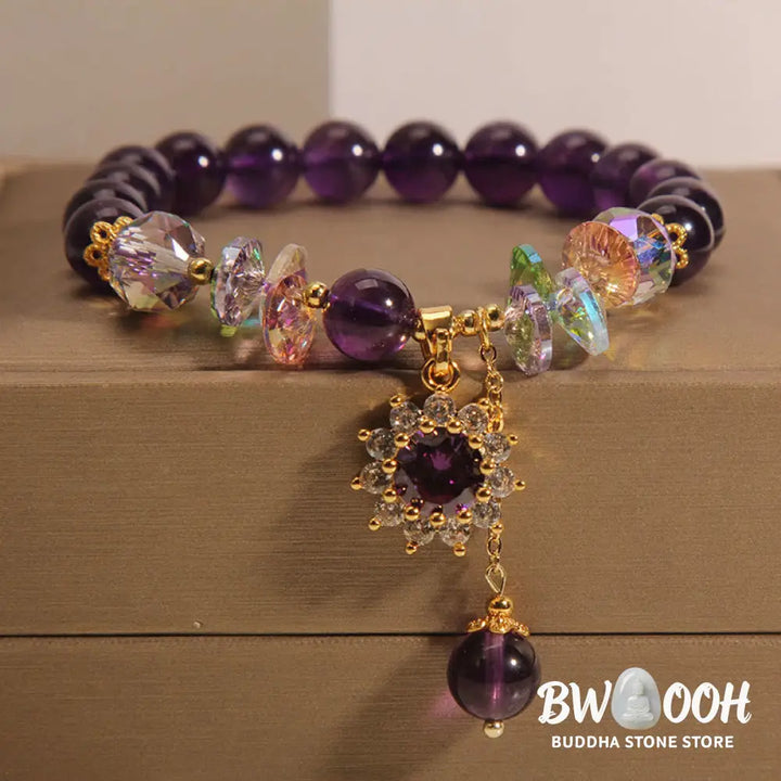 Buddha Stones Amethyst Green Crystal Citrine White Crystal Sunflower Spiritual Awareness Bracelet - BWOOOH