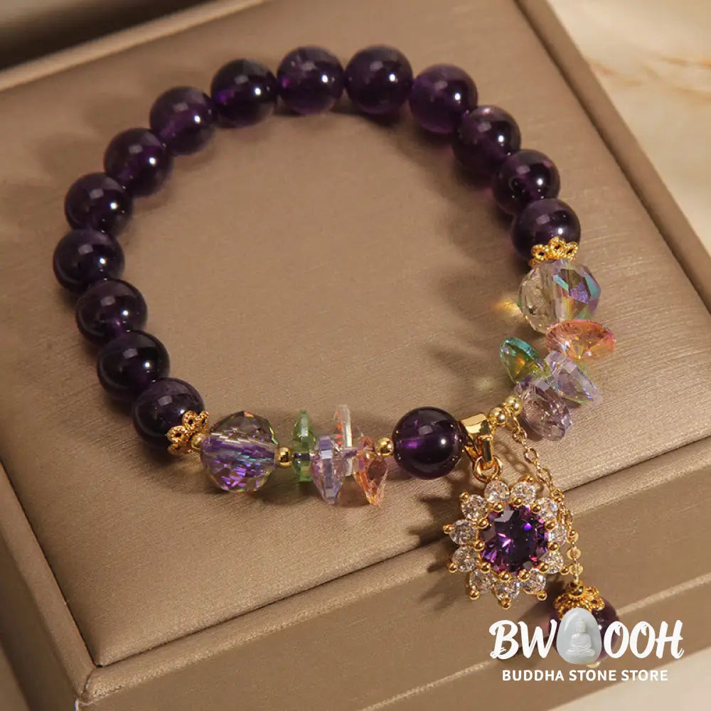 Buddha Stones Amethyst Green Crystal Citrine White Crystal Sunflower Spiritual Awareness Bracelet - BWOOOH