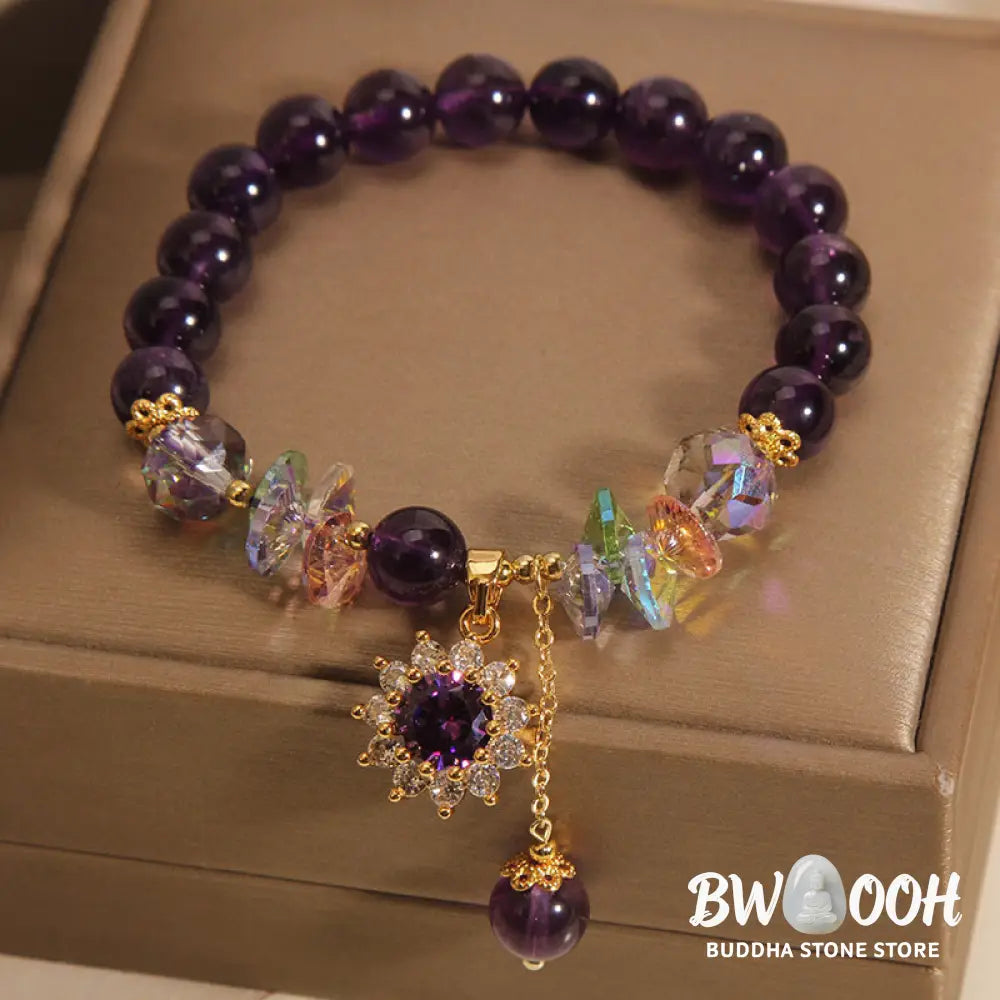 Buddha Stones Amethyst Green Crystal Citrine White Crystal Sunflower Spiritual Awareness Bracelet - BWOOOH