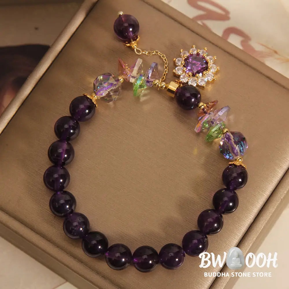 Buddha Stones Amethyst Green Crystal Citrine White Crystal Sunflower Spiritual Awareness Bracelet - BWOOOH