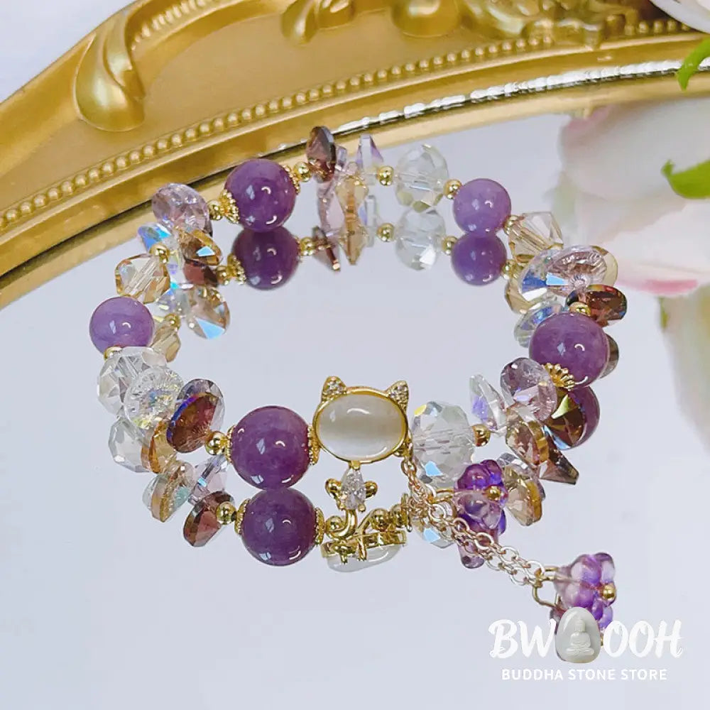 Buddha Stones Amethyst Green Crystal Red Crystal Cat Balance Bracelet - BWOOOH - Bracelet