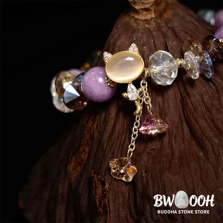 Buddha Stones Amethyst Green Crystal Red Crystal Cat Balance Bracelet - BWOOOH - Bracelet
