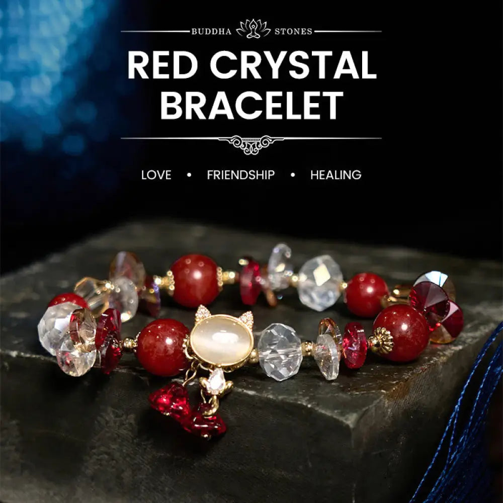 Buddha Stones Amethyst Green Crystal Red Crystal Cat Balance Bracelet - BWOOOH - Red Crystal(Wrist Circumference: