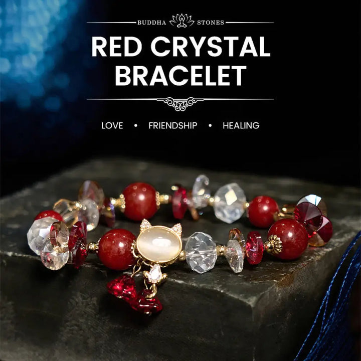 Buddha Stones Amethyst Green Crystal Red Crystal Cat Balance Bracelet - BWOOOH - Red Crystal(Wrist Circumference:
