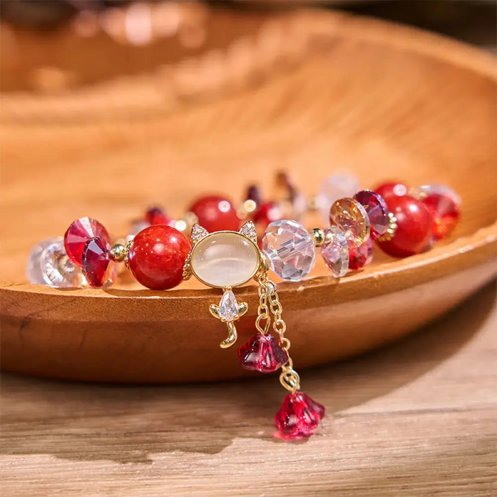 Buddha Stones Amethyst Green Crystal Red Crystal Cat Balance Bracelet - BWOOOH - Red Crystal(Wrist Circumference: