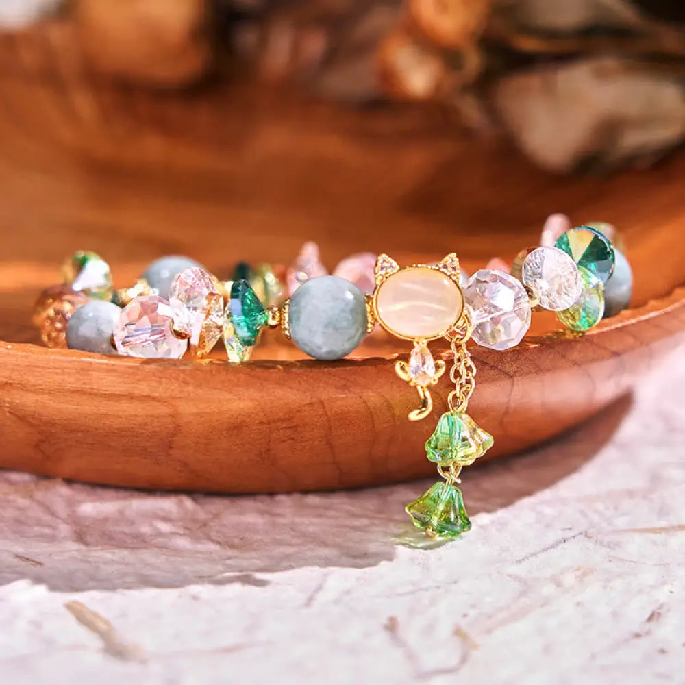 Buddha Stones Amethyst Green Crystal Red Crystal Cat Balance Bracelet - BWOOOH - Green Crystal(Wrist Circumference: