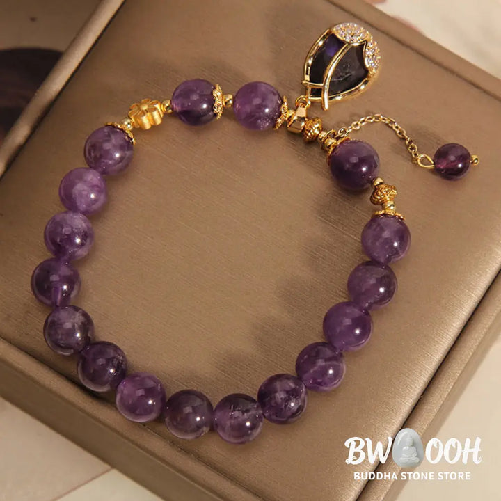 Buddha Stones Amethyst Lily Charm Balance Healing Bracelet - BWOOOH - Amethyst(Wrist Circumference: 14-17cm) - Bracelet