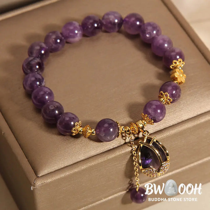 Buddha Stones Amethyst Lily Charm Balance Healing Bracelet - BWOOOH - Amethyst(Wrist Circumference: 14-17cm) - Bracelet