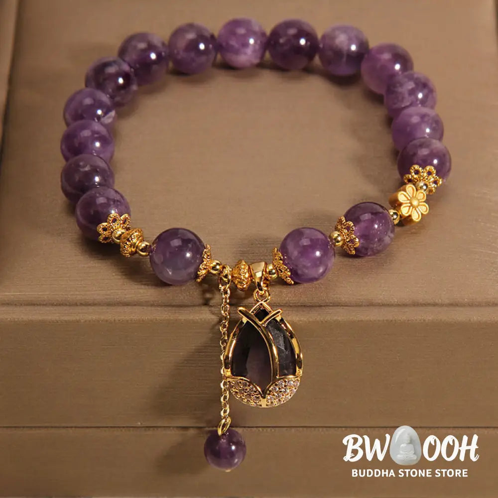 Buddha Stones Amethyst Lily Charm Balance Healing Bracelet - BWOOOH - Amethyst(Wrist Circumference: 14-17cm) - Bracelet