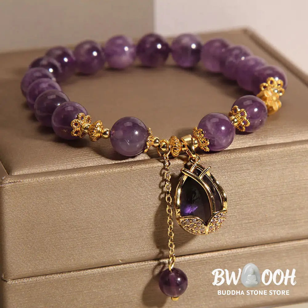 Buddha Stones Amethyst Lily Charm Balance Healing Bracelet - BWOOOH - Amethyst(Wrist Circumference: 14-17cm) - Bracelet