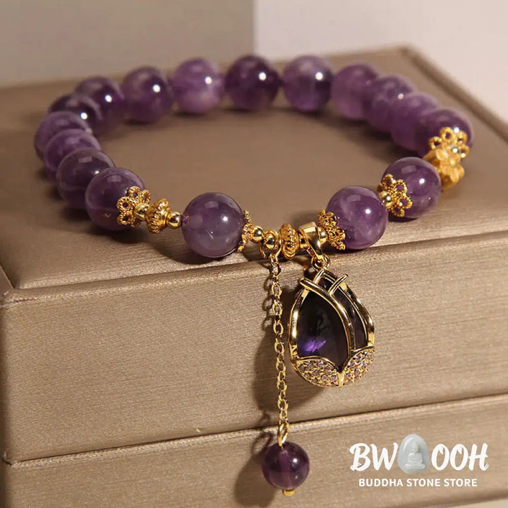 Buddha Stones Amethyst Lily Charm Balance Healing Bracelet - BWOOOH - Amethyst(Wrist Circumference: 14-17cm) - Bracelet