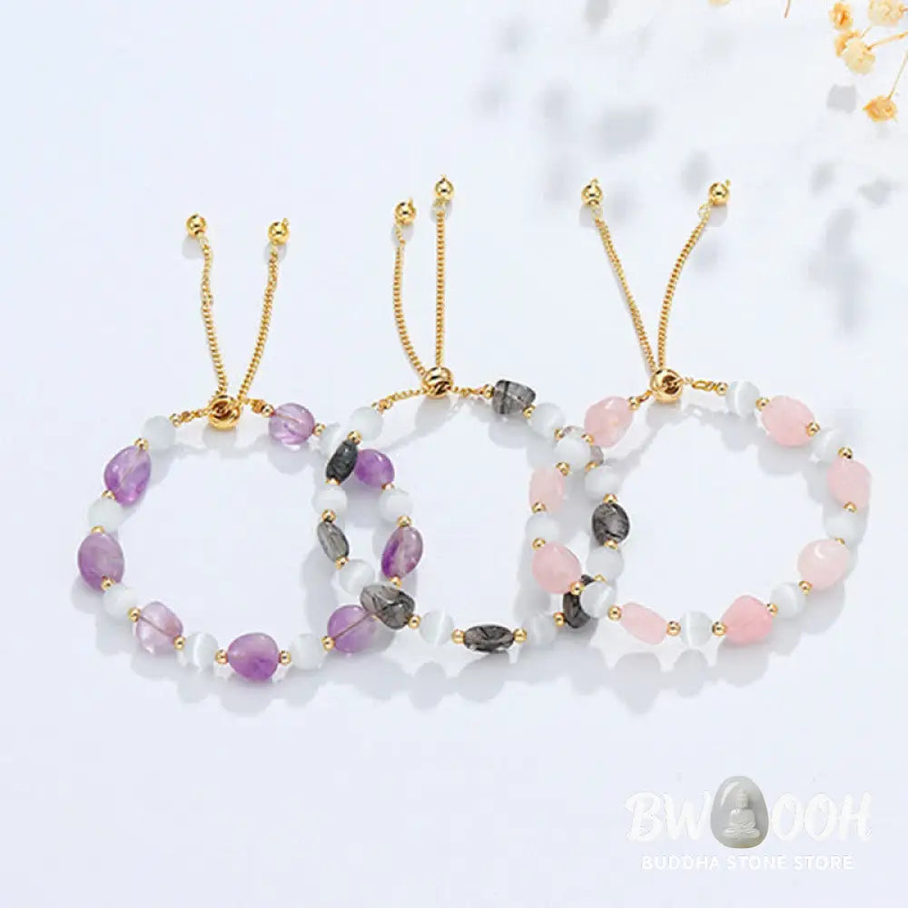 Buddha Stones Amethyst Pink Crystal Black Rutilated Quartz Spiritual Awareness Bracelet - BWOOOH - Bracelet