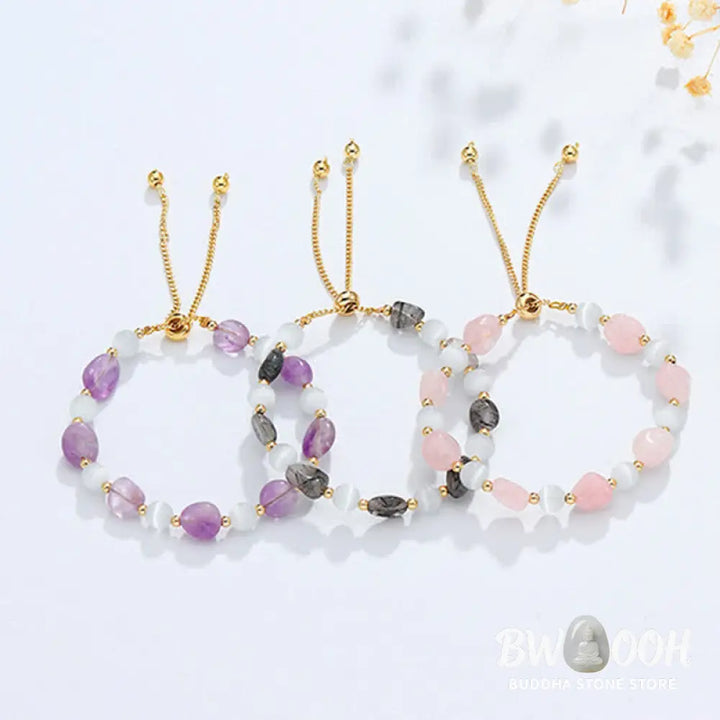 Buddha Stones Amethyst Pink Crystal Black Rutilated Quartz Spiritual Awareness Bracelet - BWOOOH - Bracelet