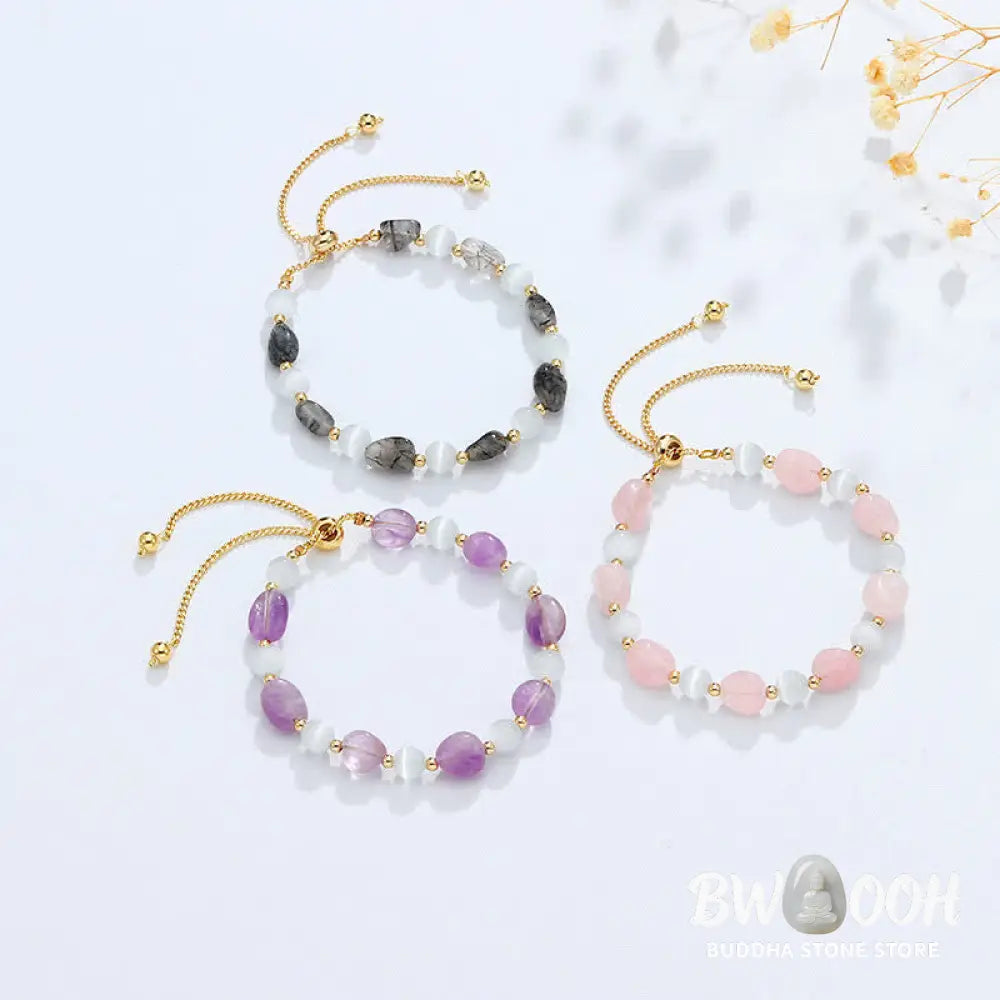 Buddha Stones Amethyst Pink Crystal Black Rutilated Quartz Spiritual Awareness Bracelet - BWOOOH - Bracelet