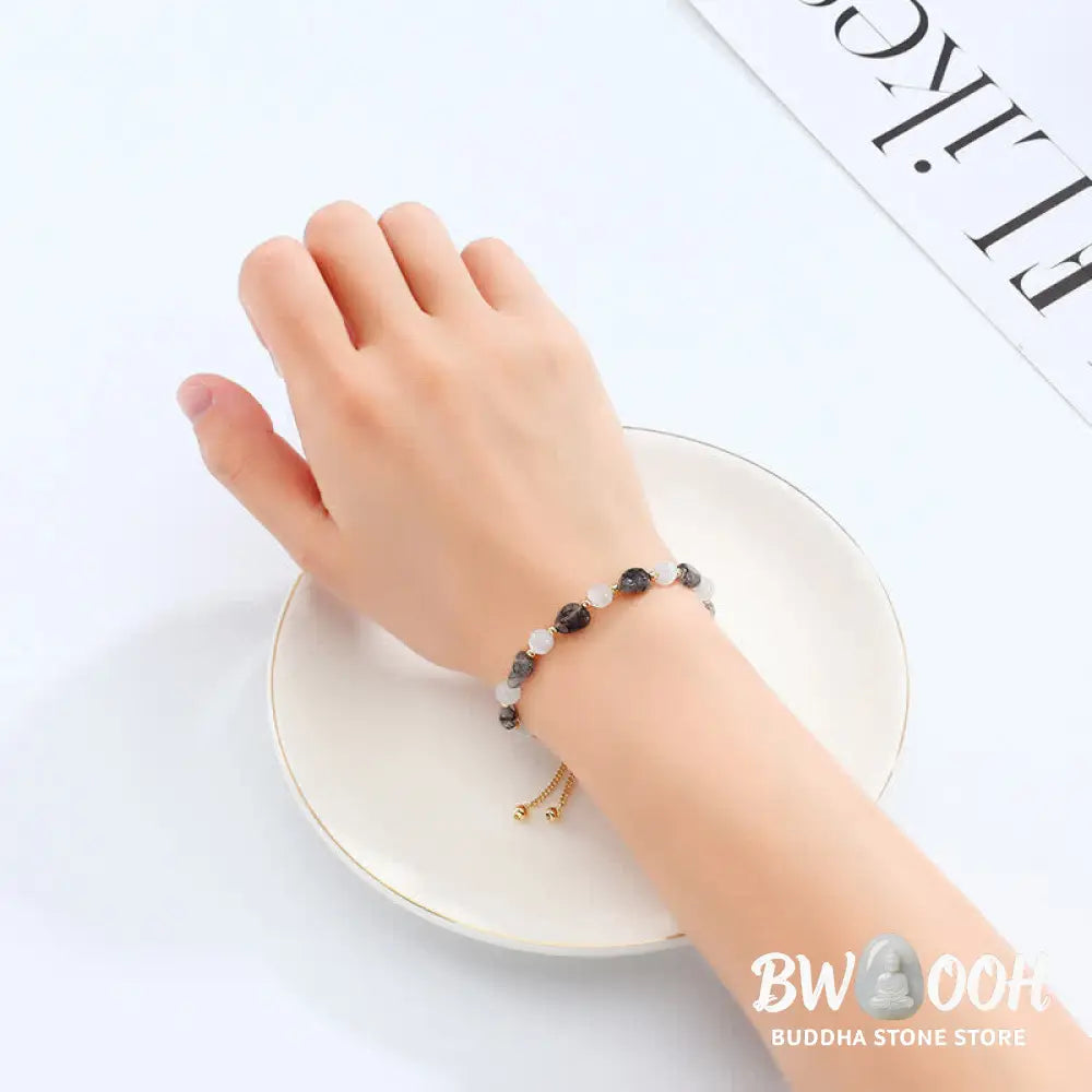 Buddha Stones Amethyst Pink Crystal Black Rutilated Quartz Spiritual Awareness Bracelet - BWOOOH - Bracelet