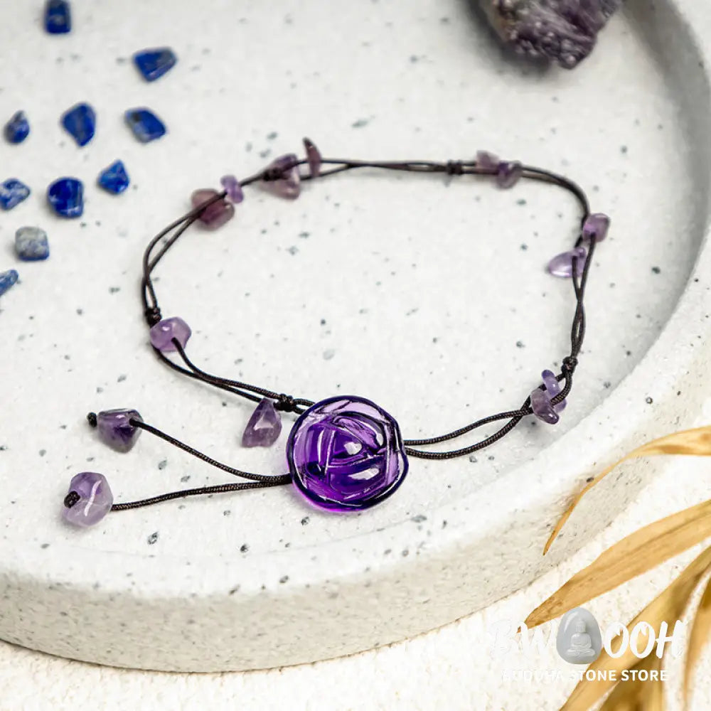 Buddha Stones Amethyst Pink Crystal Green Aventurine Rose Inner Peace Healing Anklet - Anklet